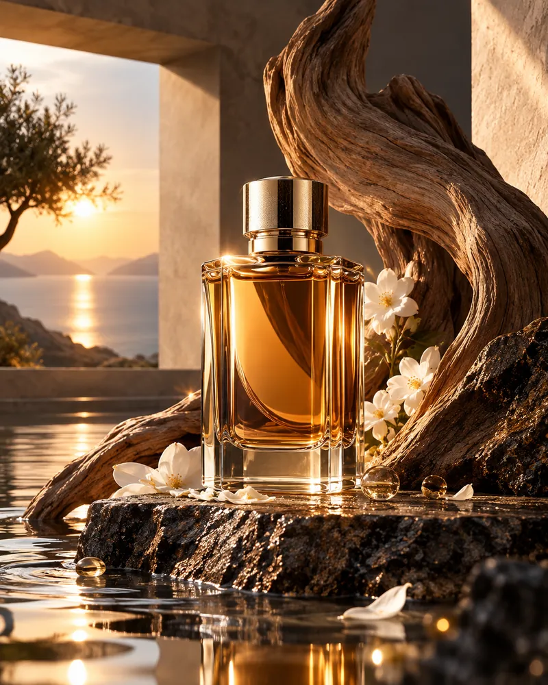 CGI perfume bottle with amber liquid on wet rocks at golden-hour sunset, framed by a stone archway