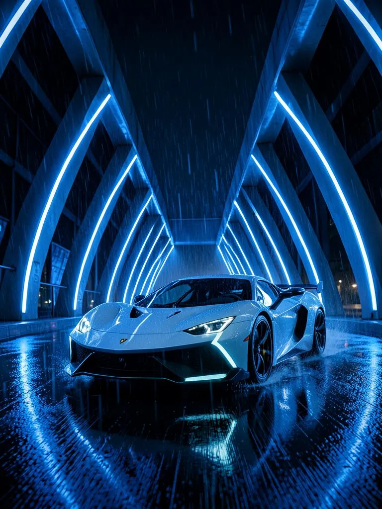 Futuristic sports car in a cinematic blue light tunnel