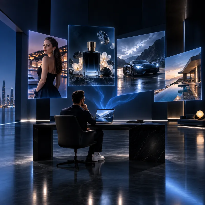 Creator at a futuristic desk with glowing holographic campaign panels floating from a laptop