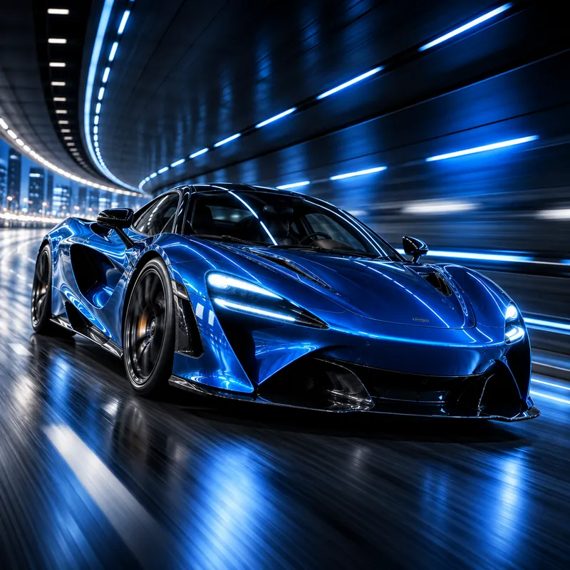 Blue supercar speeding through a neon-lit futuristic tunnel